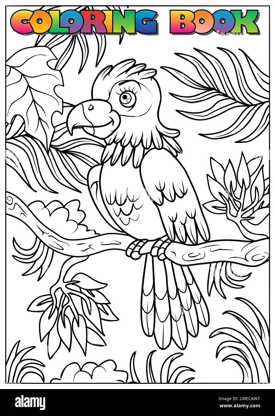 livre de coloriage pour les enfants - un perroquet assis sur un arbre dans la jungle Illustration de Vecteur