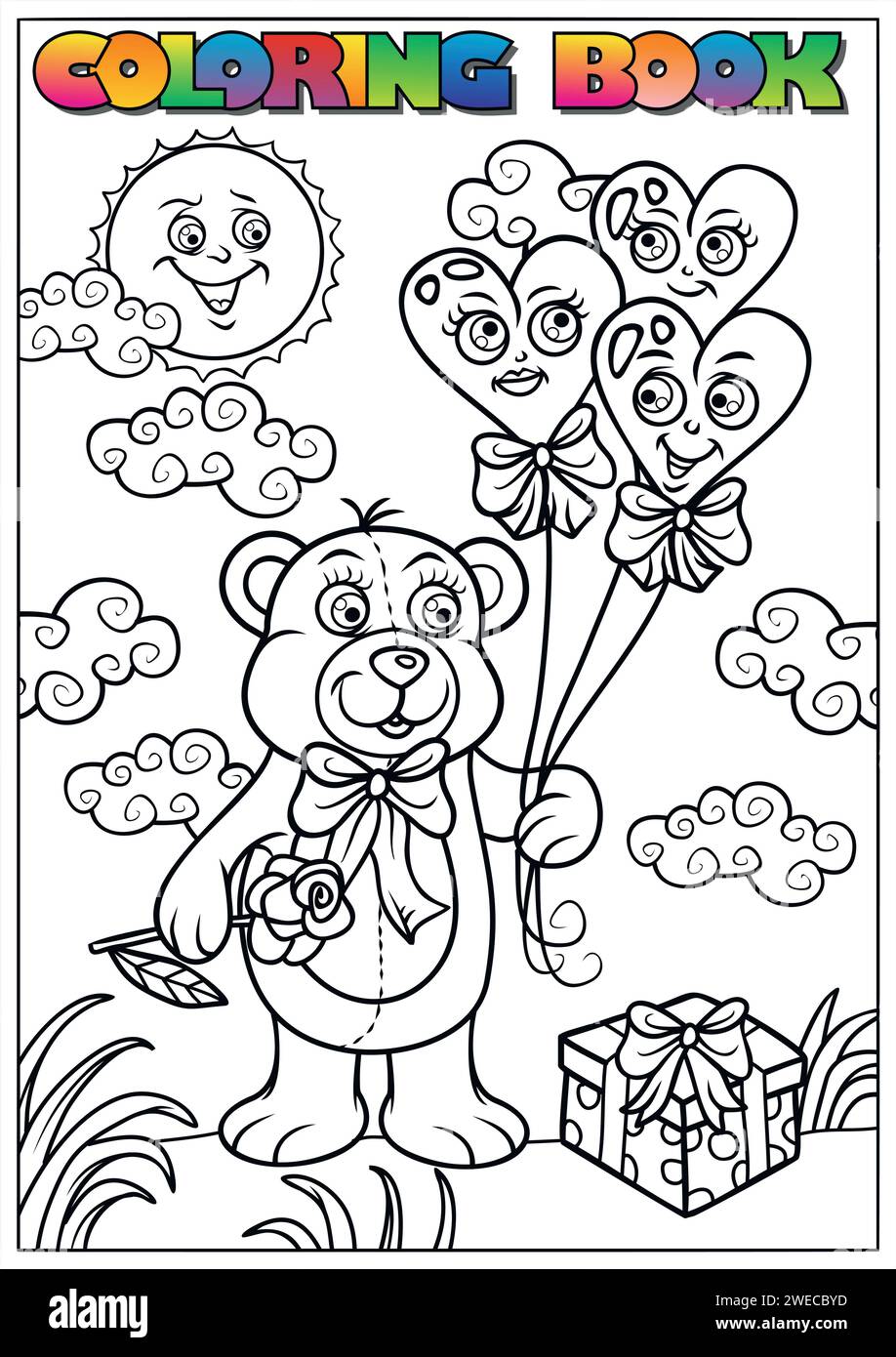 Livre de coloriage pour enfants pour la Saint-Valentin - ours tenant des ballons de Saint-Valentin avec un cœur Illustration de Vecteur