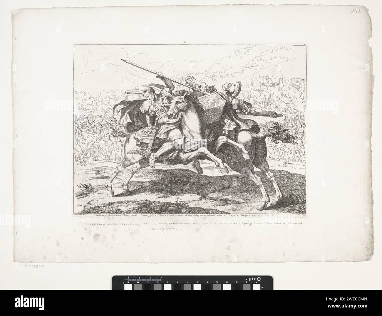 Strijd tussen Brutus en arruns Tarquin, Bartolomeo Pinelli, 1817 print Brutus et Arruns Tarquinius, le fils de Tarquinius Superbus, à cheval, l'un avec l'autre au combat. En arrière-plan leurs armées sur le champ de bataille. Bataille de gravure de papier Rome. lutte. guerre ; affaires militaires (+ cavalerie, cavaliers). le soldat ; la vie du soldat Banque D'Images