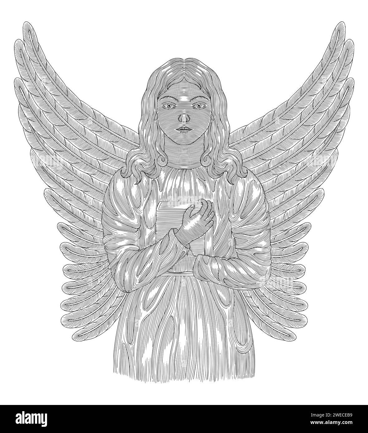 ange avec des ailes tenant un livre, illustration de style dessin gravure vintage Illustration de Vecteur