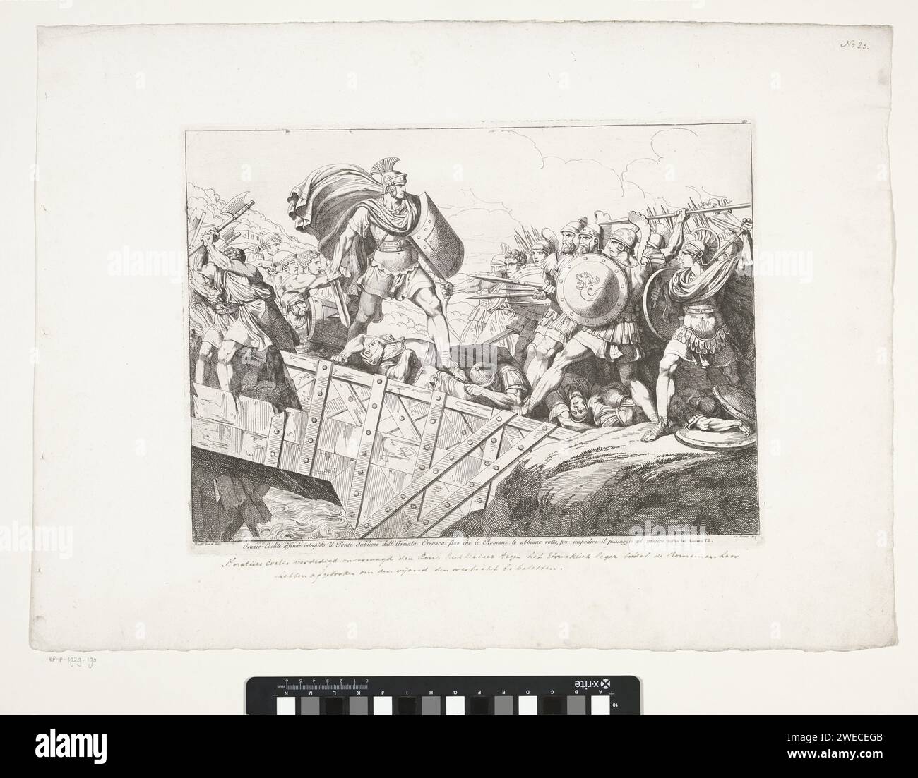 Horatius codes Verdedigt de la soie de Pons, Bartolomeo Pinelli, 1817 print Horace Cocles défend le Pons Sublicius, un pont sur le Tibre à Rome, contre les Étrusques. Son armée est derrière Horace. Gravure sur papier Rome (histoire de) Horatius Cocles. Horatius Cocles au Pons Sublicius : d'une seule main, il garde les Étrusques à distance tandis que le pont est brisé par les Romains derrière lui ; il s'échappe en sautant dans le Tibre Banque D'Images