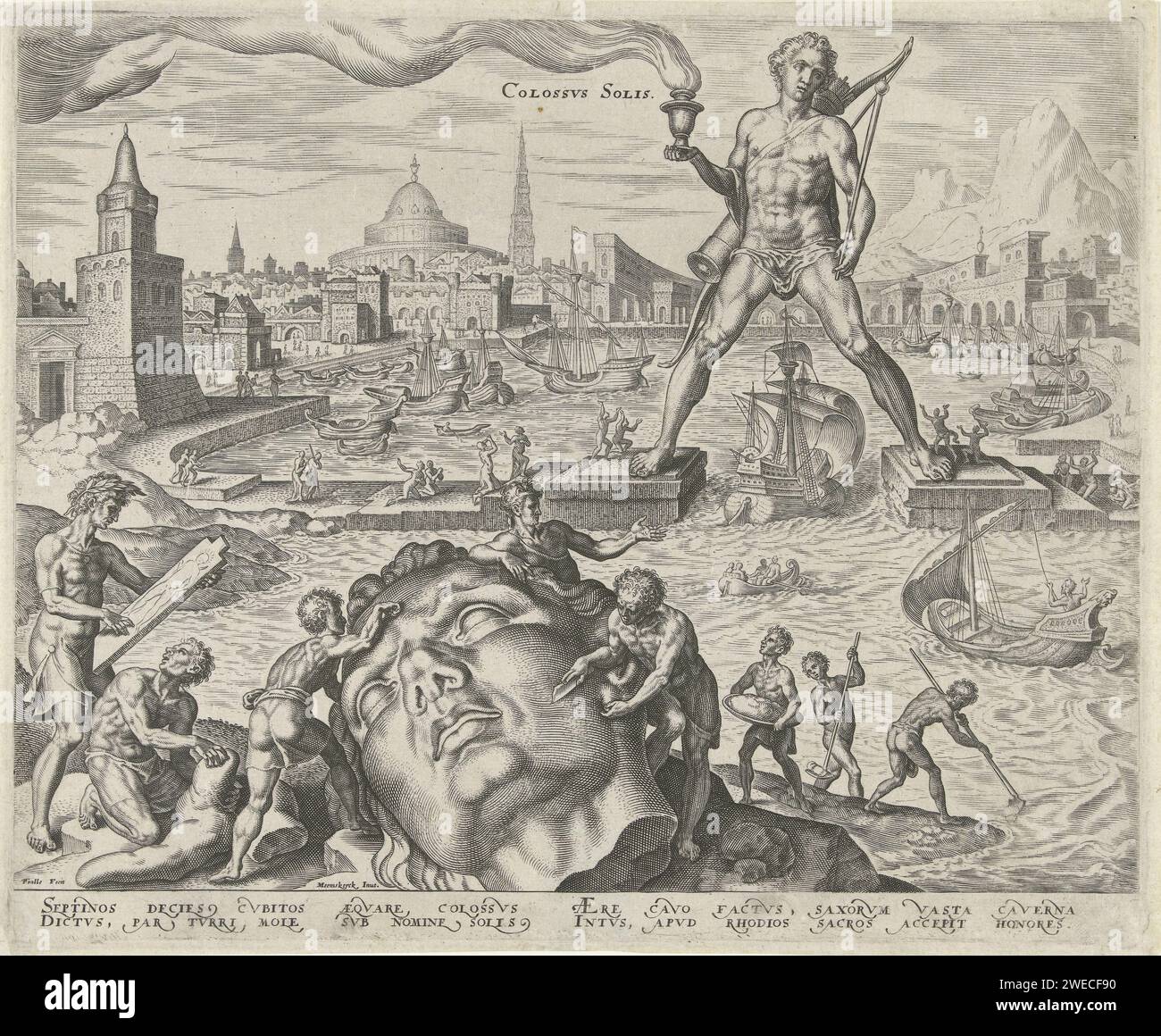 Kolos van Rhodes, Philips Galle, d'après Maarten van Heemskerck, 1572 imprimer la statue en bronze d'Hélios, également connu sous le nom de colosse de Rhodes, est large -jambe au-dessus du port, tandis que les navires naviguent sous ses jambes. A ses pieds des gens dans une attitude adorable. Après le tremblement de terre vers 227 av. J.-C. l'image a été détruite. L'énorme tête de l'image est nettoyée au premier plan. L'avant gauche d'un homme a un croquis du colosse sur une tablette dans les mains. L'estampe a une légende latine et fait partie d'une série sur les huit merveilles du monde. Imprimeur : Antwerpafter design by : HaarlemHaarlempubl Banque D'Images