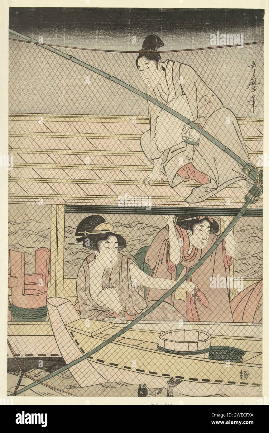 Pêche nocturne, 1795 - 1800 imprimer bateau de plaisance avec homme sur le toit et deux femmes regardant le bateau de pêche adjacent ; vu par le Mazen van Groot Visnet, dans lequel une pêche ; la nuit. Japon couleur papier bois taillé sports, jeux  animaux (+ net) Banque D'Images