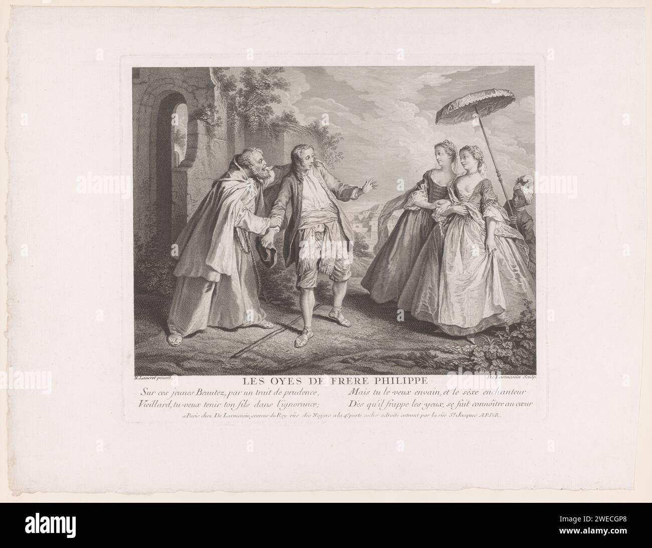 Moine tente d'éloigner le jeune homme des femmes, Nicolas de Larmessin (III), après Nicolas Lancet, 1737 estampe dans un environnement paysager, un moine tient un jeune homme par le bras et l'épaule. Le garçon est surpris en voyant deux belles dames sous un parasol qui est tenu par un garçon sombre. Dans le verset français de quatre lignes qui l'accompagne, le moine veut protéger le garçon des arts de séduction des dames. L'estampe est basée sur un tableau de l'artiste français Lancet (1690-1743), inspiré d'une fable de la Fontaine. Editeur : ParisFrance papier gravure / gravure fables de Lafontaine : utilisez 85(...). mo Banque D'Images