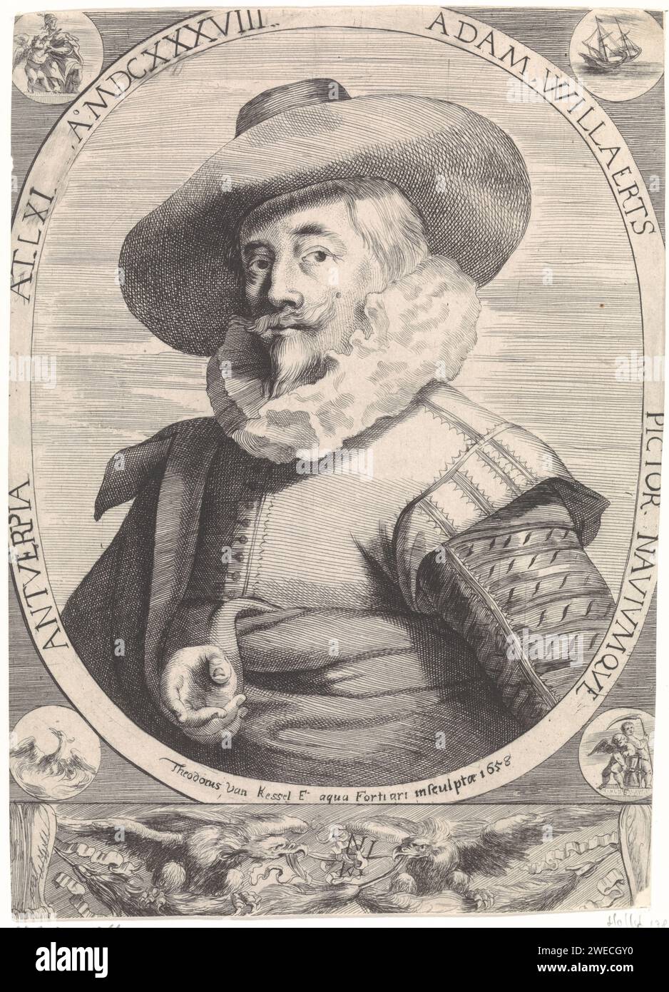 Portrait d'Adam Willaerts, Theodorus van Kessel, 1658 tirage Portrait en deux dans un ovale à gauche du peintre de la mer Adam Willaerts. Dans les quatre coins du magazine il y a des médaillons et sous l'ovale une bande avec deux aigles. gravure sur papier / gravure portrait, autoportrait de l'artiste. sablier. oiseaux prédateurs. voilier, voilier Banque D'Images