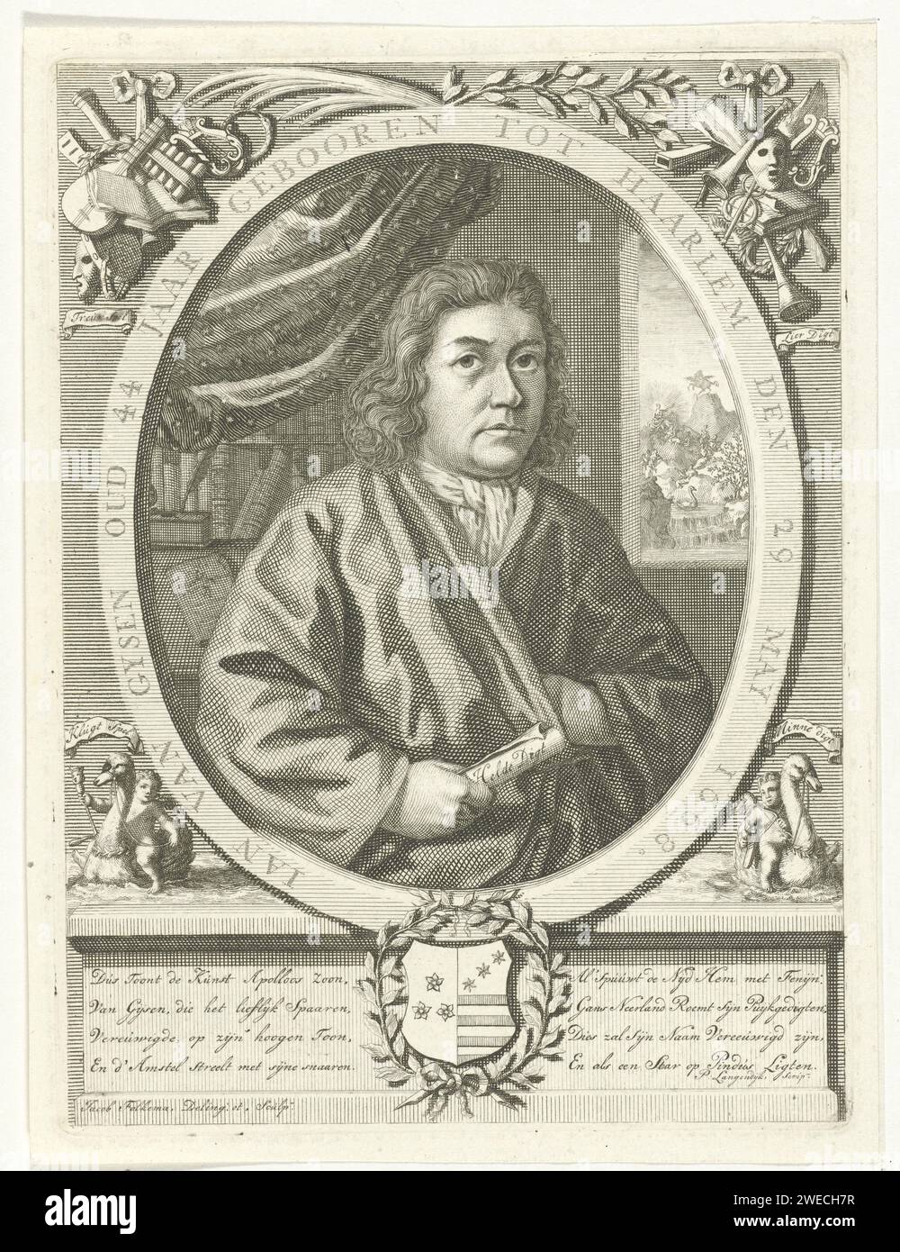 Portrait de Jan van Gijsen, Jacob Folkema, 1712 - 1767 tirage Portrait en deux à droite du poète Jan van Gijsen, pieds nus. Dans sa main Gijsen tient un rouleau de papier sur lequel est écrit 'Helde Digt'. Autour de l'ovale, il y a une écriture de bordure, sous le portrait un blason est représenté sur un piédestal avec un texte en néerlandais à gauche et à droite. Dans les coins supérieurs de l'impression, les attributs des muses sont affichés, deux putti assis sur un cygne à gauche et à droite au-dessus de la base. gravure sur papier / gravure Banque D'Images