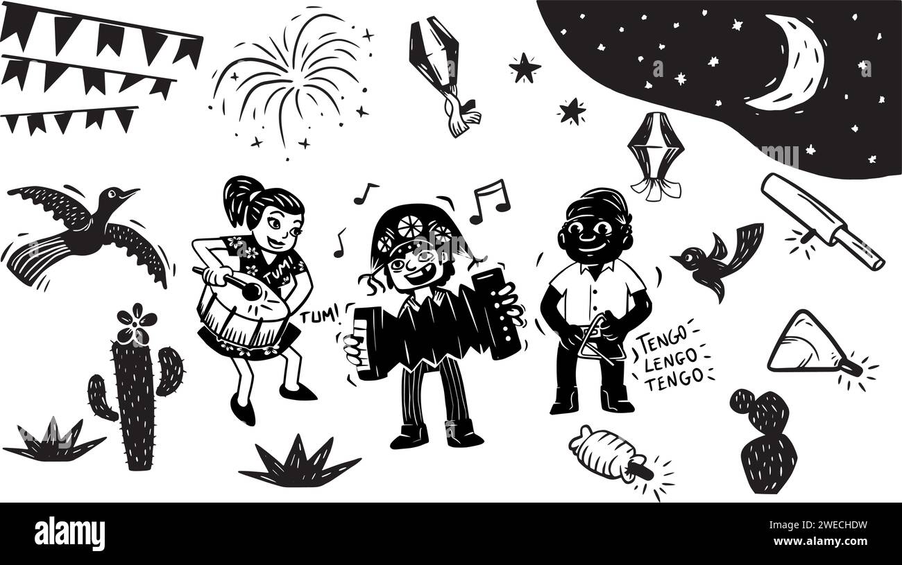 Fête de la Saint Jean au Brésil. Vecteurs dans le style de gravure sur bois Illustration de Vecteur