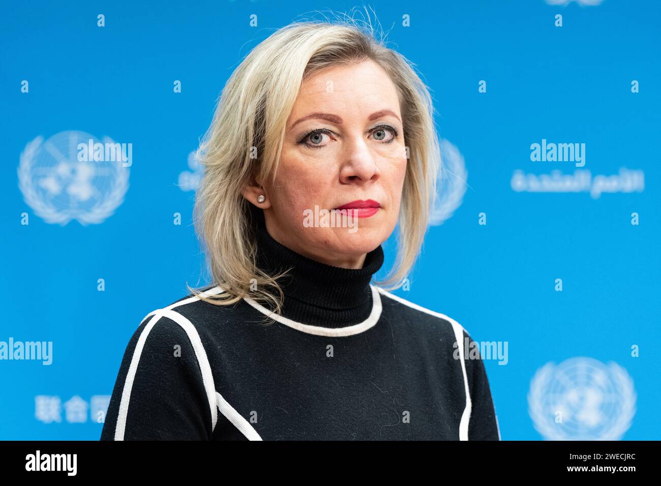 La porte-parole Maria Zakharova assiste au point de presse du ministre des Affaires étrangères de la Fédération de Russie, Sergey Lavrov, au siège des Nations Unies à New York, le 24 janvier 2023 Banque D'Images