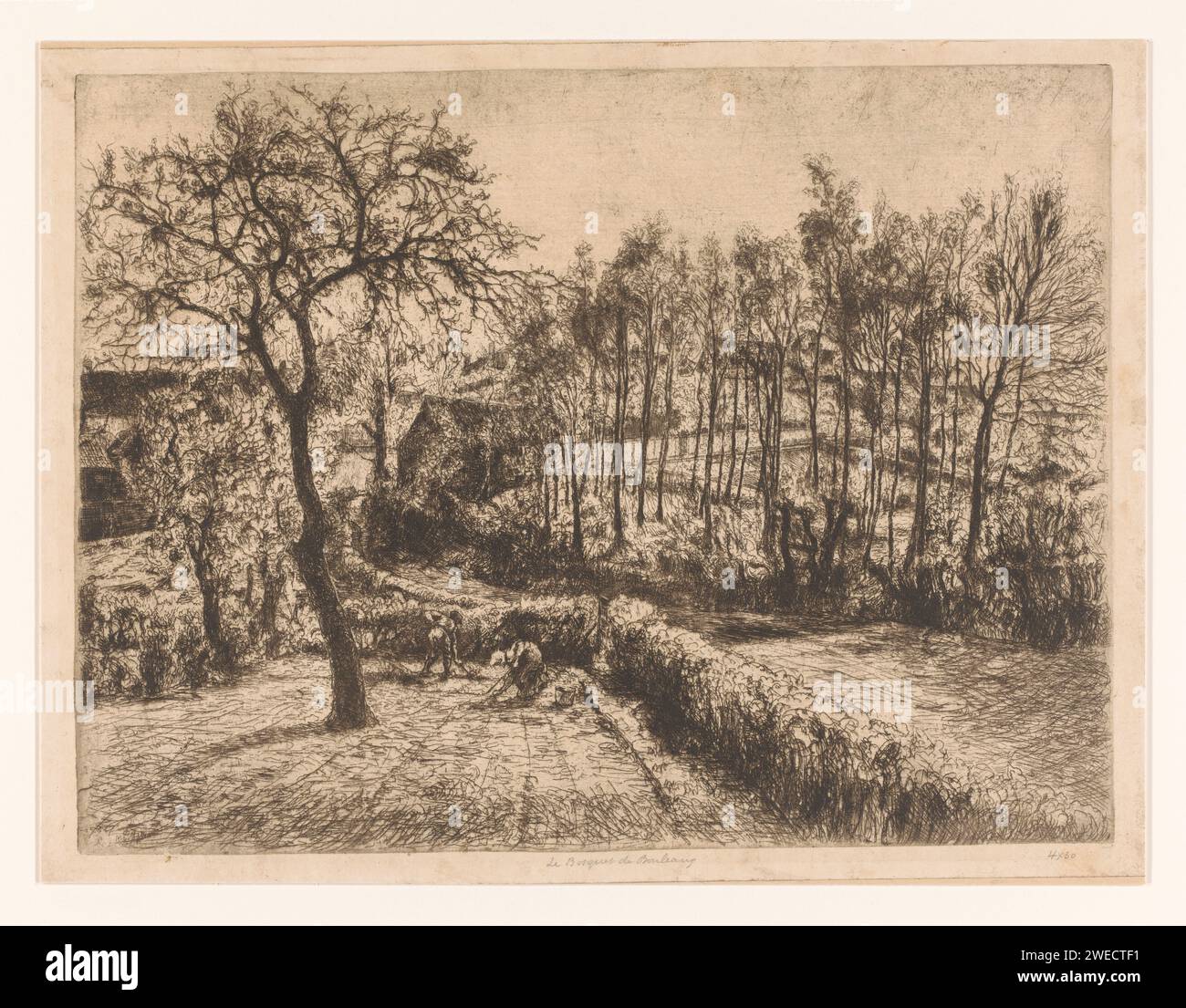 Homme et femme éditent le terrain dans un paysage avec des parcelles clôturées et des arbres, Albert Delstanche, 1880 - 1940 papier d'impression gravure des arbres. Jardin clôturé ou clos ; 'Hortus Conclususs' Banque D'Images