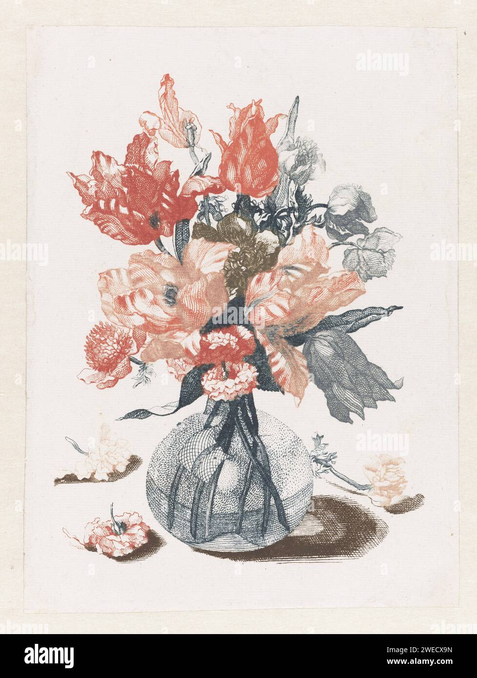 Cinq impressions de fleurs dans des vases en verre, anonyme, d'après Jean Baptiste Monnoyer, 1688 - 1698 impression vase en verre avec tulipes rouges et autres fleurs. En plus du vase, trois fleurs tombées. Pays-Bas papier gravure / gravure de fleurs dans un vase Banque D'Images