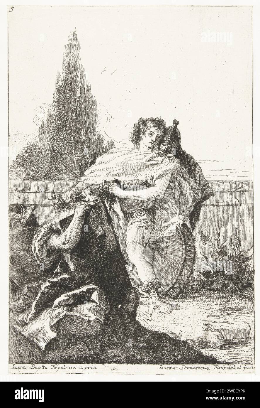 Ubaldo et Carlo blâment la faiblesse de Rinaldo, Giovanni Domenico Tiepolo, d'après Giovanni Battista Tiepolo, 1775 print Italie papier gravure miroir. Rinaldo Banque D'Images