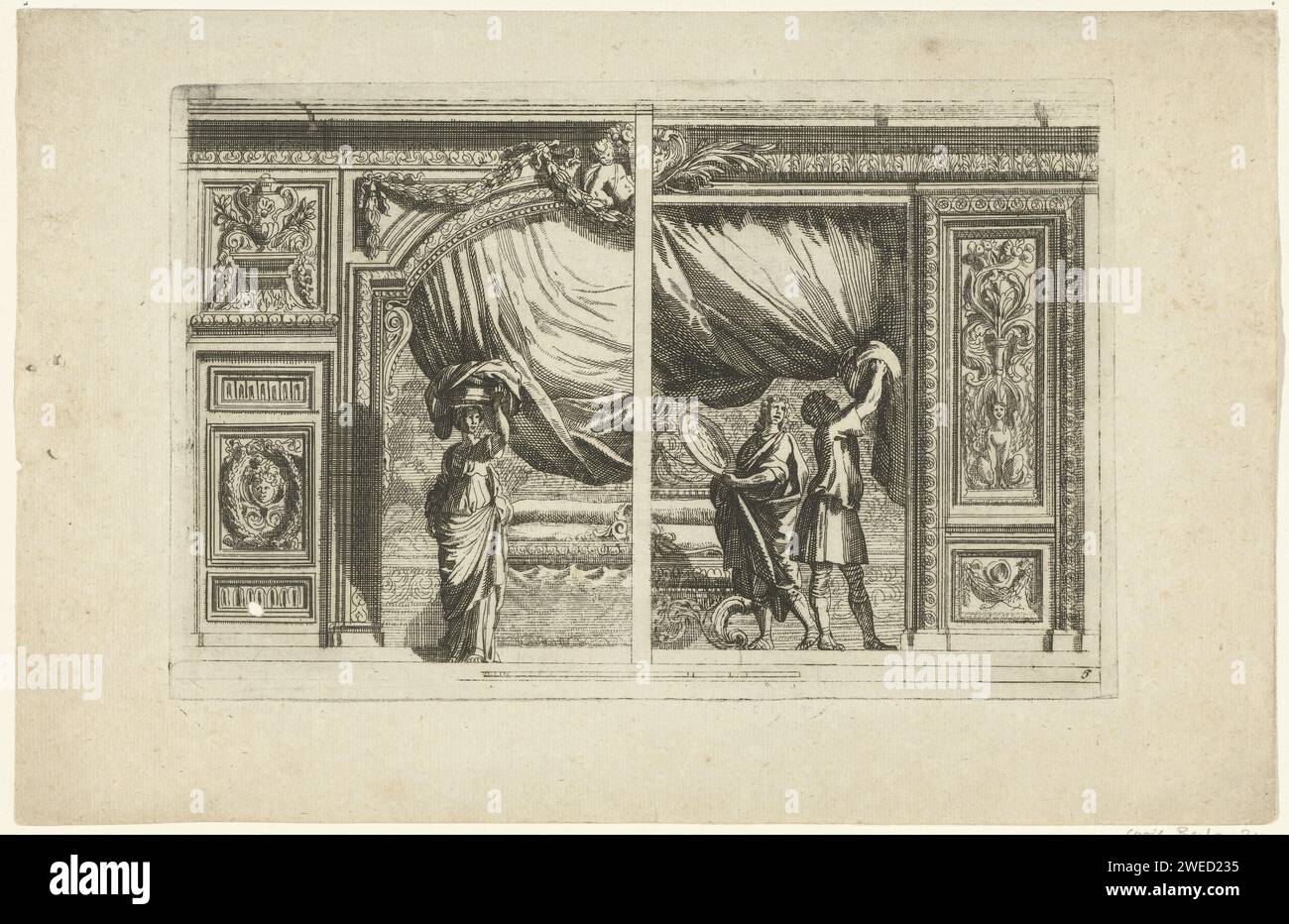Alkoof avec variante pour la moitié droite, anonyme, d'après Jean Lepautre, en ou après 1665 - avant 1690 impression sur la gauche est un serviteur avec un panier avec du linge sur la tête. Imprimeur : pays-Bas (éventuellement)après conception par : France (éventuellement)éditeur : Amsterdam paper graving Banque D'Images
