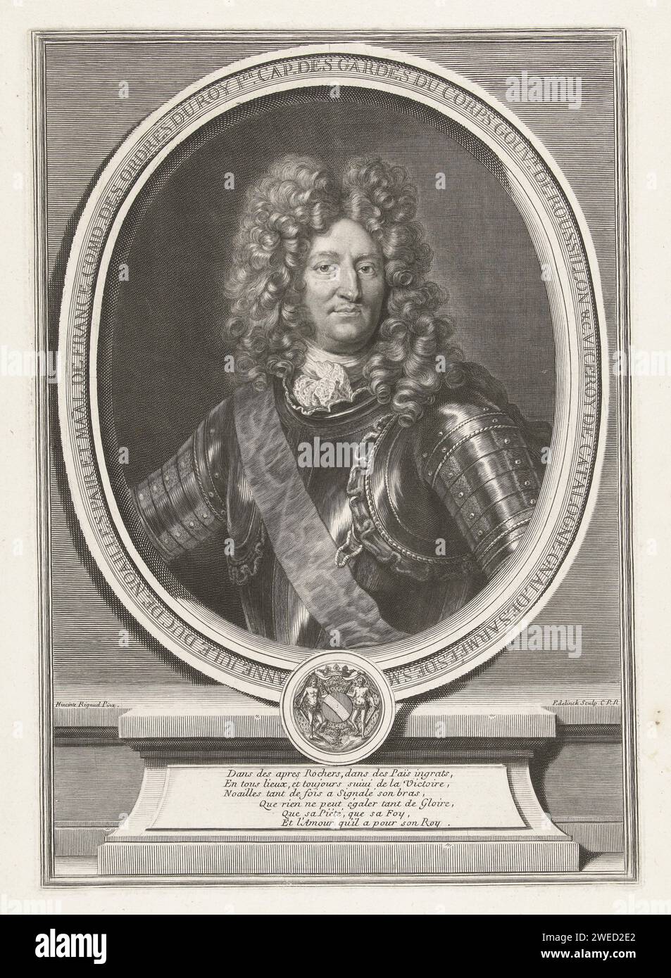 Portrait d'Anne Jules Hertog van Noailles, Gérard Edelinck, d'après Hyacinthe Rigaud, 1666 - 1707 tirage Portrait d'Anne Jules Hertog van Noailles (1650-1708), maréchal de France, représenté en harnais, en accompagnement ovale avec texte avec arme. Sous la liste une console sur laquelle un verset français de six lignes. Imprimeur : Parisafter peinture par : FranceFrance gravure sur papier Banque D'Images