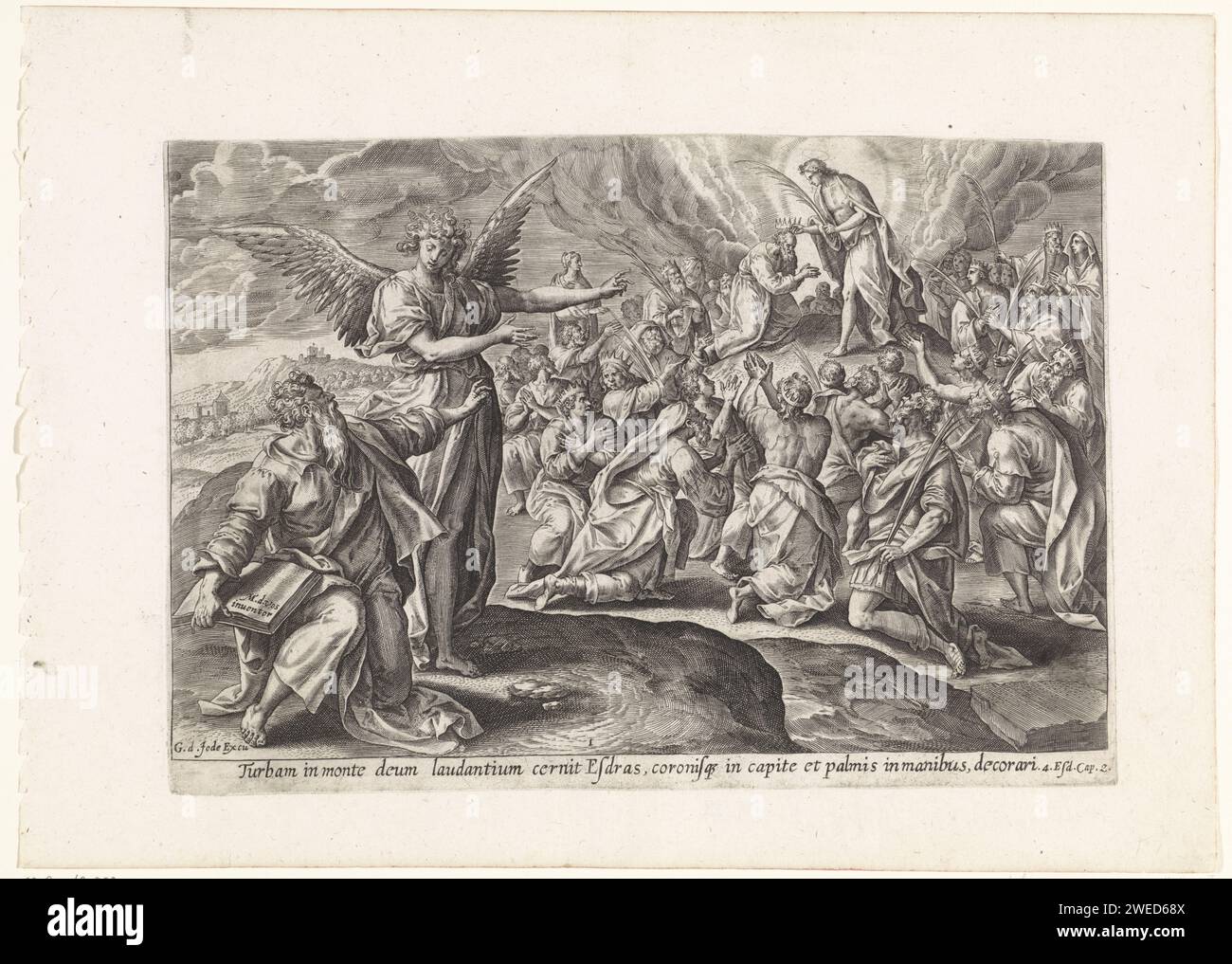 Première vision d'Esdras : le fils de Dieu couronne la foule, Anonyme, d'après Maerten de vos, 1585 imprimer Esdras est au premier plan à droite et est pointé par un ange pour une vision. Esdras voit le fils de Dieu sur le mont Sion, qui éloigne le peuple et honore ses branches de palmier. Sous la performance une référence en latin au texte de la Bible Apocryphe dans 4 Esdras 2. Anvers gravure sur papier d'autres scènes d'Ezra et Esdras Banque D'Images