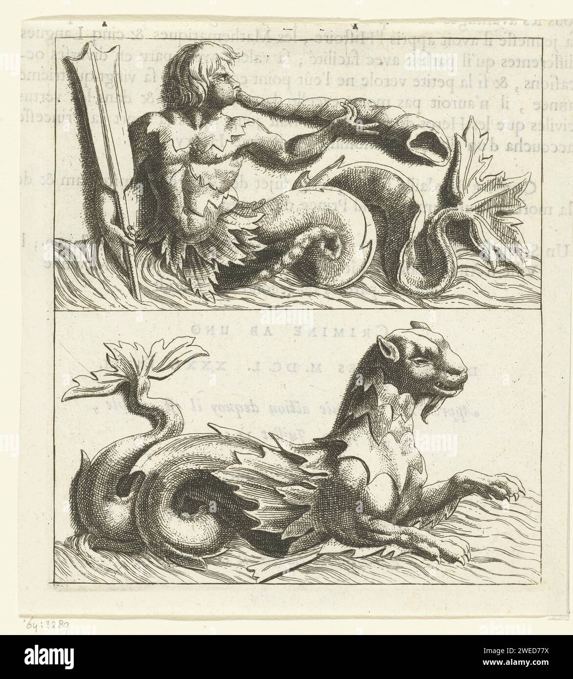 Triton et dragon de mer, anonyme, vers 1688 impriment deux images l'une sous l'autre, au sommet de triton soufflant sur une coquille. D'après une série de vignettes avec codes de la mer et allégories, utilisée comme illustration dans le livre Histoire métallique de la République de Hollande de P. Bizot. Imprimeur : pays-Bas (possiblement)après conception par : pays-Bas (possiblement)éditeur : Amsterdam (possiblement) gravure sur papier Banque D'Images