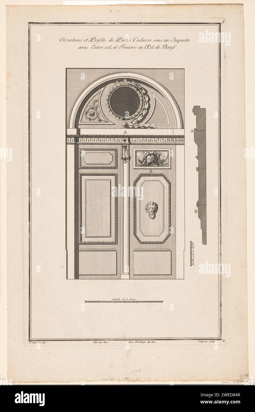 Poort met un oeil de boeuf, ch. G. Coupeaux, d'après seulement Nathan François Boucher, 1752 - 1794 print conception et profil d'une porte de calèche avec un oeil de boeuf au-dessus. La porte droite de la porte est ornée d'une tête de lion et d'un casque avec boucliers. Paris gravure sur papier / gravure porte monumentale, porche, 'aediculum'. fenêtre. tête de lion  ornement. casque. armes de protection : bouclier Banque D'Images