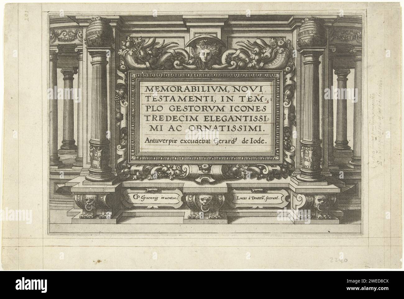Memorabilivm Nouveau Testament dans le Temple Gestorvm icônes treize élégant et le plus élégant, Luke van Doetechum, d'après Gerard van Groeningen, c. 1572 estampe de titre architectural pour une série de 13 estampes avec des événements du Nouveau Testament qui ont lieu autour du temple. Anvers gravure / gravure sur papier Banque D'Images