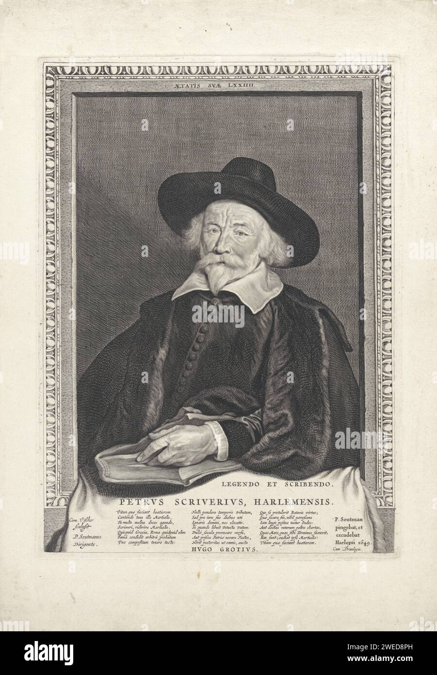 Portrait de Petrus Scriverius à l'âge de 74 ans, Cornelis Visscher (II), d'après Pieter Claesz. Soutman, 1649 tirage Portrait de l'écrivain Haarlem Petrus Scriverius. Il porte un chapeau et tient sa main entre les pages d'un livre. Haarlem papier gravure / gravure tête-équipement : chapeau (+ vêtements pour hommes). livre. personnages historiques Banque D'Images