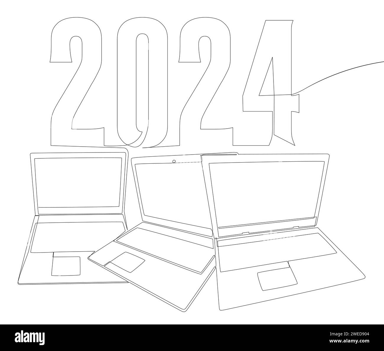 Une ligne continue d'ordinateur portable avec le numéro 2024. Concept de vecteur d'illustration de ligne mince. Dessin de contour idées créatives. Illustration de Vecteur