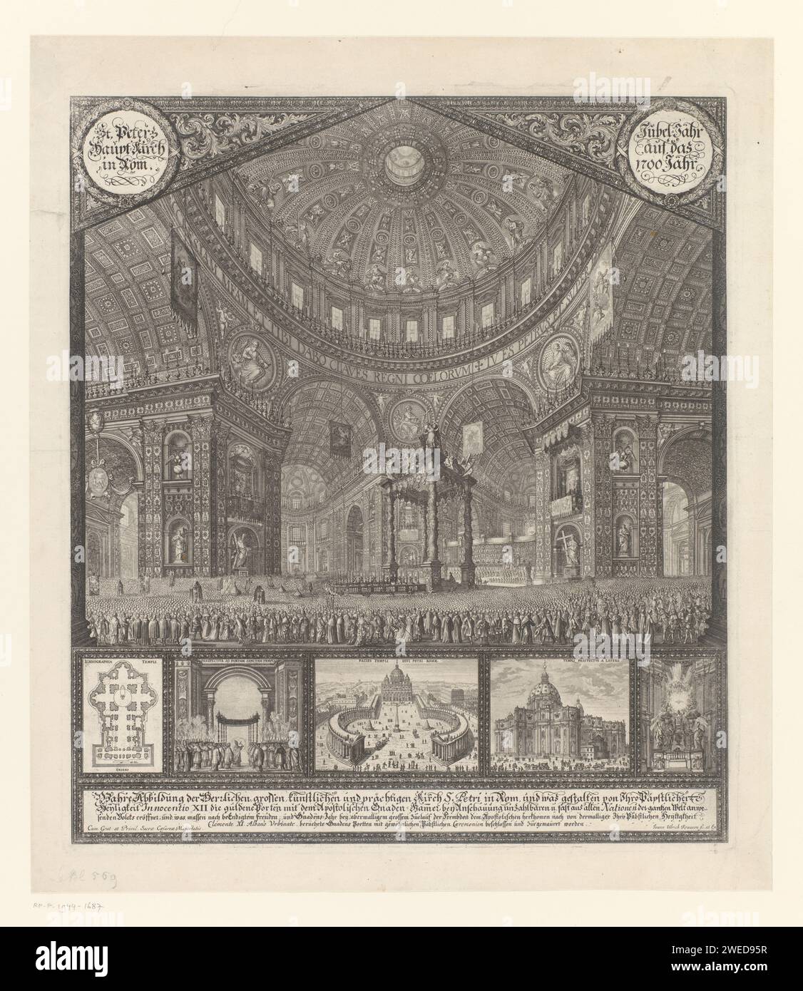 Sint-Pietersbasiliek avec une vue de la canopée et du dôme, Johann Ulrich Kraus, 1700 impression au bas de cinq représentations : la carte de la basilique Saint-Pierre, la Porta Sancta, Sint-Pietersplein dans une perspective en quelques mots, une vue du côté de Saint-Pierre La basilique Pierre et la cathédrale de Petri conçues par le Bernin. Texte en latin dans la marge inférieure et en haut. gravure de papier à l'intérieur de l'église. Église catholique romaine CITÉ du Vatican. St. Basilique de Pierre. Saint Peters Square. Baldacchino di San Pietro Banque D'Images