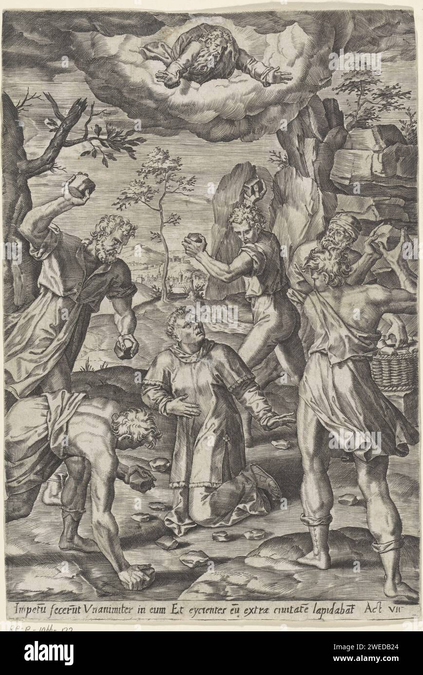 Lapidation de Stefanus, Anonyme, 1550 - 1700 print Stefanus est lapidé par cinq hommes. Sur les nuages, Stefanus voit le Père dans une vision de Dieu. Sous le afficher une règle de texte en latin. Papier néerlandais gravant la lapidation d'Étienne ; les témoins déposent leurs vêtements aux pieds de Saul Banque D'Images