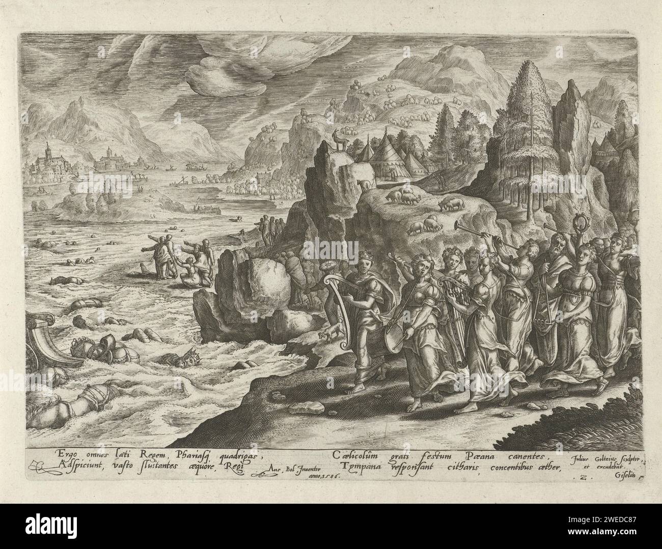 Célébration de la chute de l'armée égyptienne, Julius Goltzius, après Hans bol, 1586 imprimer l'armée égyptienne se noie dans la mer Rouge. Au premier plan, les prophètes de Mirjam et une procession de femmes avec des instruments de musique célèbrent la victoire. En arrière-plan, les Israélites remercient Dieu. L'estampe a une légende latine et fait partie d'une série sur le vol de l'Egypte. Anversois gravure sur papier Miriam prend un tambourin et danse ; toutes les femmes la suivent Banque D'Images