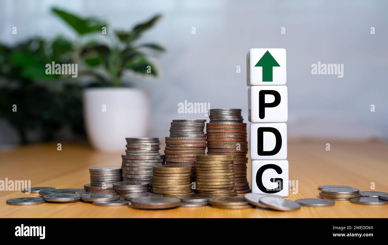 Produit intérieur brut, Finances, gestion, Economique, inflation, récession et concepts monétaires, bloc de PIB avec piles de pièces et sym de flèche HAUT et bas Banque D'Images