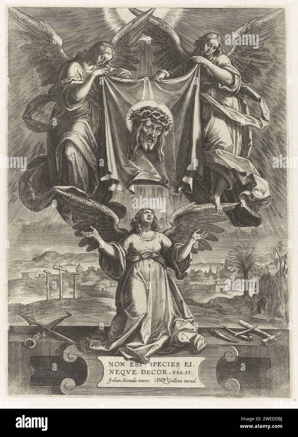 Les anges montrent le Sudarium, Anonyme, d'après Jan van der Straet, 1570 - 1612 imprimer deux anges pleurant maintiennent le Sudarium (tissu de Veronica) avec le visage du Christ. Un ange s'agenouille en dessous. Les outils de passion se trouvent de chaque côté de cet ange. En arrière-plan, les trois croix et le tombeau du Christ. Sous l'ange, une légende à une seule ligne en latin de JES. 53. Imprimeur : Low Countriesafter design by : Low CountriesPublisher : Anvers gravure sur papier 'Vera Icon', tenue par des anges. 'Arma Christi' (+ ange(s)) Banque D'Images