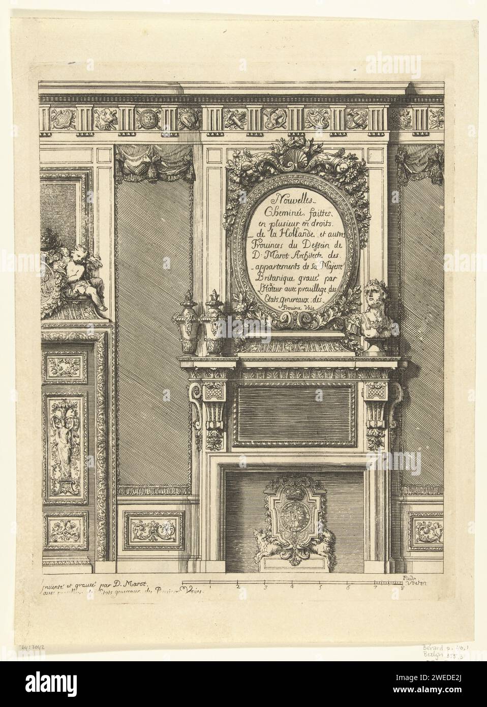 TITELBLAD : Nouvelle cheminée dans plusieurs droits hollandais et autres prouints, Daniël Marot (i), 1673 - en 1703 ou avant impression Subsema avec le titre de la série dans un miroir ovale. De la série de 6 magazines. Imprimeur : pays-Bas (éventuellement)après sa propre conception par : pays-Bas (éventuellement)éditeur : la Hague paper graving Banque D'Images