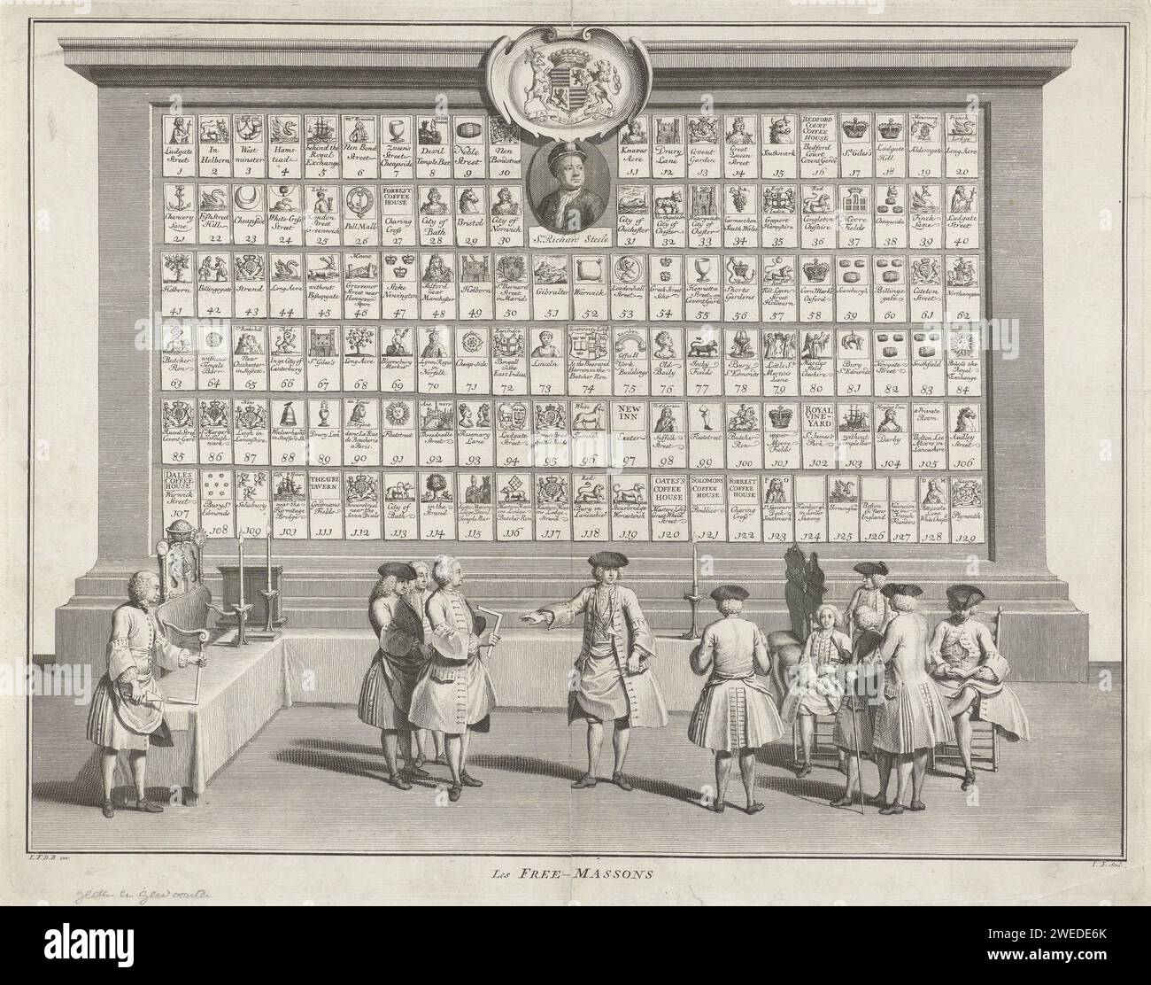 Salle de réunion des francs-maçons, Jacob Folkema, d'après Louis Fabritius Dubourg, 1738 print Lodge franc-maçon où au milieu les maîtres avec carré et passeur se tiennent en main. Sur la droite, un groupe d'hommes représente un jeune homme et un homme de lecture avec un chapeau, tous deux assis sur une chaise. A l'extrême gauche un siège sur une élévation. Au milieu d'un médaillon avec le portrait de Sir Richard Steele et une arme avec la devise : la bonne cause. Gravure sur papier / gravure diverses religions, cultes et doctrines : franc-maçonnerie. personnages historiques. roulement armorial, héraldique. vêtements, costume (+ vêtements pour hommes). hea Banque D'Images