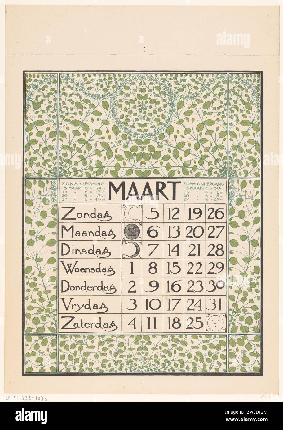 Magazine Calendrier pour Mars 1899, Theo Nieuwenhuis, 1898 imprimer Un cadre rectangulaire avec les jours de Mars et des informations sur les positions de lever, coucher et lune en Mars, entouré de guirlandes de fleurs et de feuilles. Ornement en papier Amsterdam dérivé de formes végétales. ornement  feston, guirlande Banque D'Images