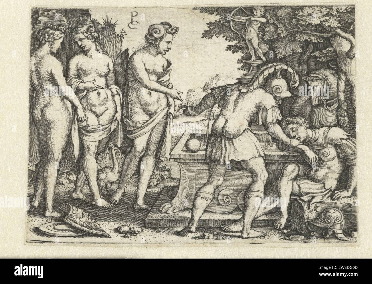 Rêve de Paris, Georg Pencz, 1540 - 1542 imprimer Paris dort près d'une fontaine, Mercure tente de le réveiller. Il montre la pomme d'or et les trois déesses Juno, Minerve et Vénus qui se parlent à gauche. Allemagne papier gravure le rêve de Paris Banque D'Images