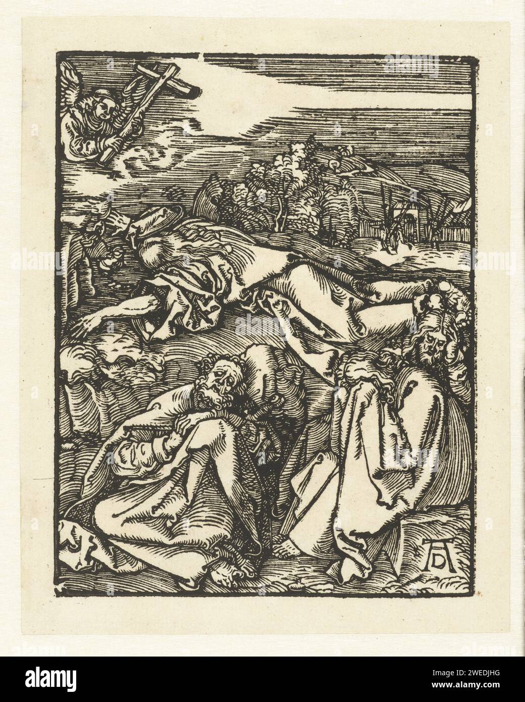 Christ Op de Olijf Mont, Albrecht Dürer, 1508 - 1509 imprimer le Christ prie dans la cour de Getsémane, pendant que ses disciples dorment autour de lui. Cette impression est probablement une fois destinée à faire partie de la série de presse 'de Kleine Passie', mais rejetée par Dürer et remplacée par un autre dessin. Nuremberg paper la prière du Christ dans le jardin de Gethsémani pendant la nuit Banque D'Images
