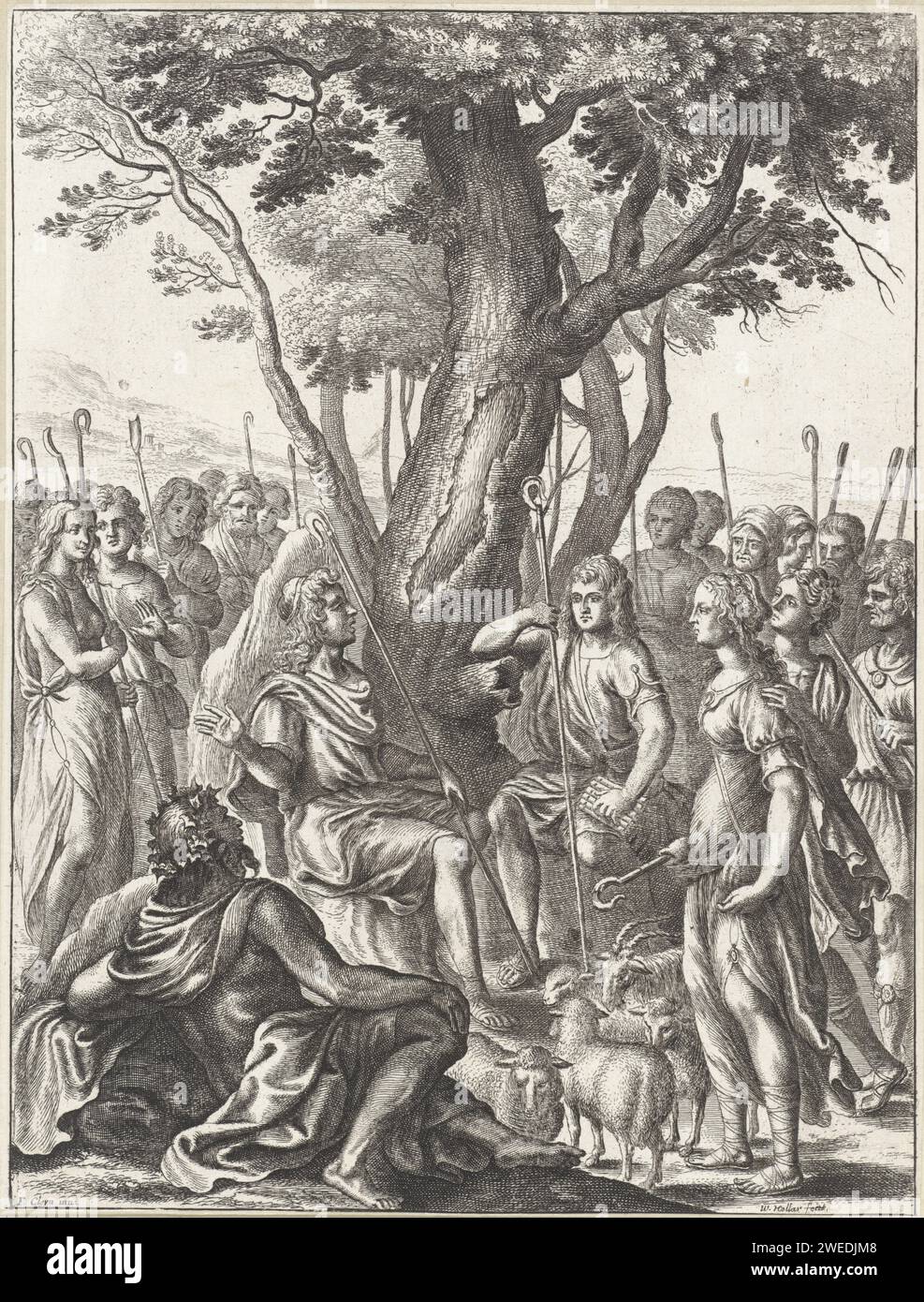 Berger Melibuus évalue le jeu des bergers Corydon et Thyrsis, Venceslas Hollar, d'après Franz Cleyn, 1654 imprimer le Berger Meliboeus évalue le jeu des bergers Corydon et Thyrsis. Les trois sont entourés de bergers, de bergers, de moutons et de chèvres. London paper graving herding, berger, bergers, bergers, bergers, bergers, bergers, vache, etc Banque D'Images