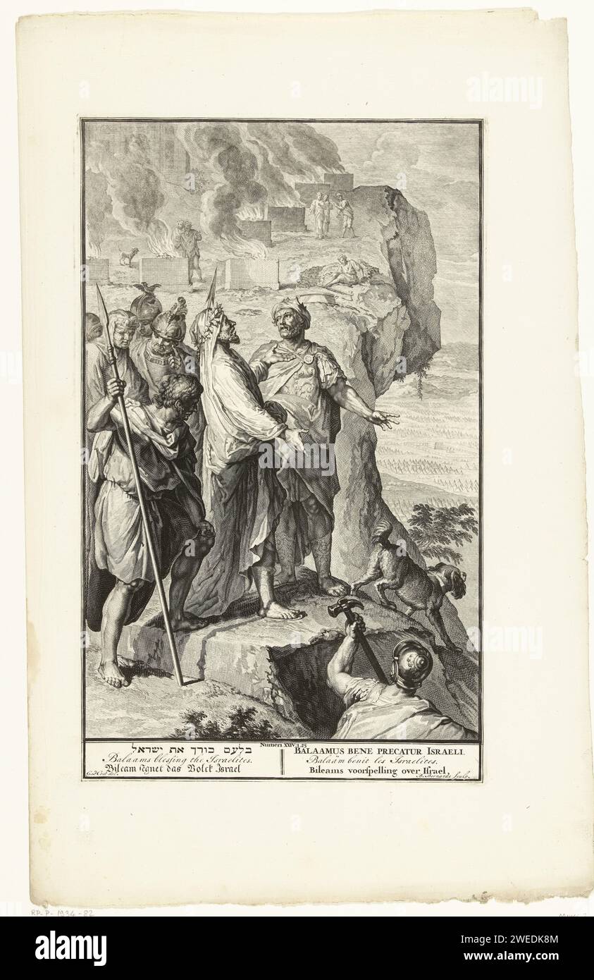 Bilam exprime son oracle, Balthasar Bernards, d'après Gérard Hoet (I), 1720 - 1728 print Bilam regarde le désert et voit les tribus du peuple d'Israël qui y sont stationnées. Il exprime un oracle sur le peuple d'Israël. Balak est à côté de lui. Les sept autels sacrificiels peuvent être vus en arrière-plan. Balak vient de sacrifier un taureau et un bélier sur chacun. Amsterdam gravure sur papier Balaam prophétisant et bénissant les Israélites en présence du roi Balak et de ses chefs. Balaam sacrifiant les sept taureaux et les sept béliers en présence du roi Balak Banque D'Images