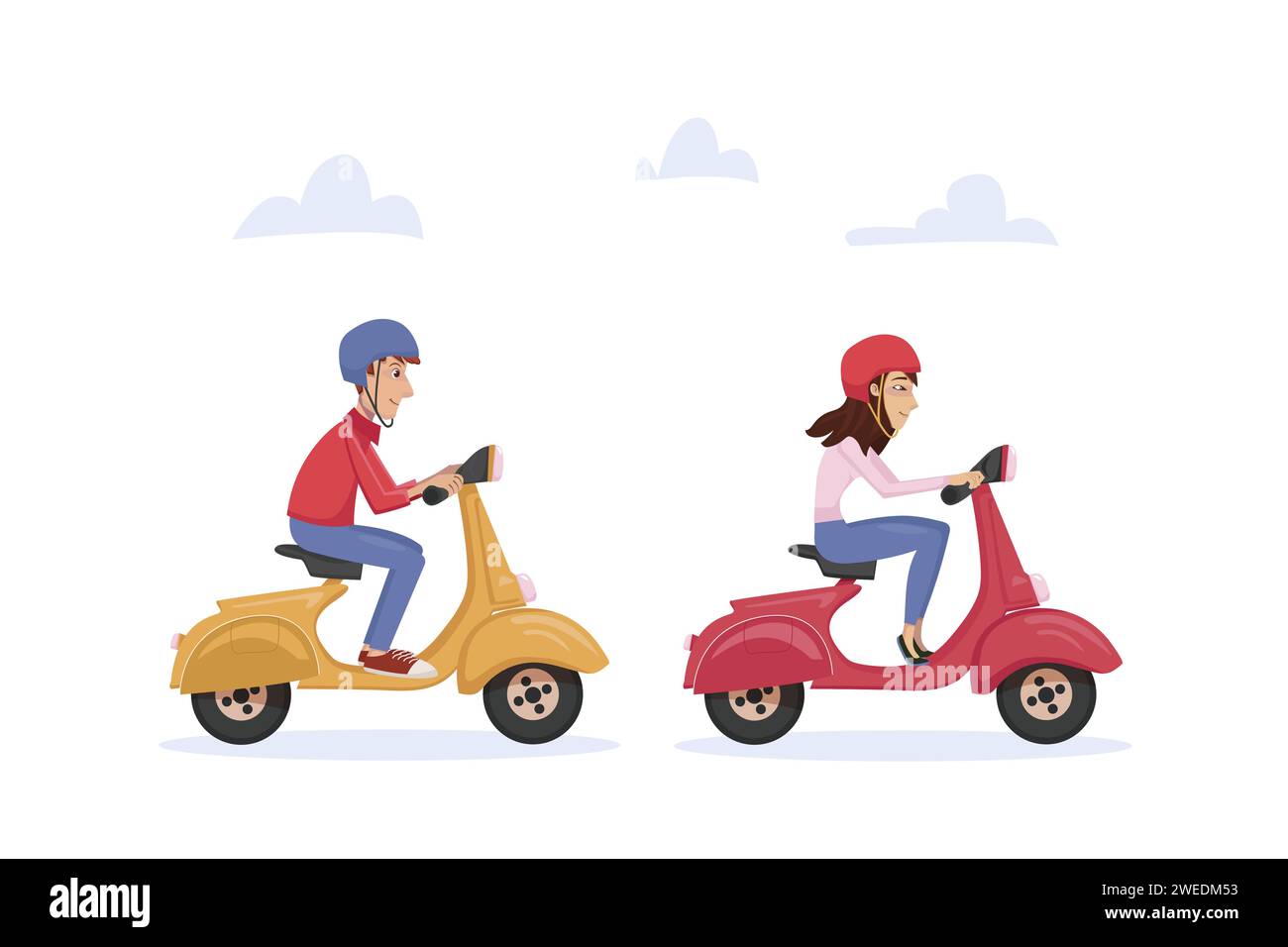 Jeune couple homme et femme voyageant sur deux scooters à moteur et profitant du temps ensemble. Mode de vie actif, voyage. Illustration vectorielle dans le style de bande dessinée sur Illustration de Vecteur