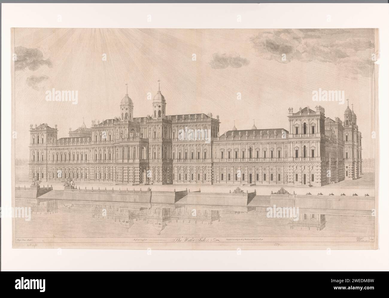 Vue du Palais de Whitehall, vu de l'eau, Antoine Benoist, 1748 papier gravure palais Palais de Whitehall Banque D'Images Vue du Palais de Whitehall, vu de l'eau, Antoine Benoist, 1748 papier gravure palais Palais de Whitehall Banque D'Images