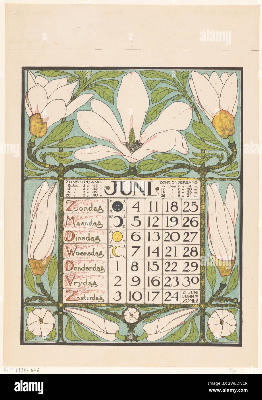 Magazine Calendrier pour juin 1899, Theo Nieuwenhuis, 1898 imprimer Un cadre rectangulaire avec les jours de juin et des informations sur les positions du lever, du coucher et de la lune en juin, entouré de magnolias et autres fleurs. Ornement en papier Amsterdam dérivé de formes végétales. fleurs Banque D'Images