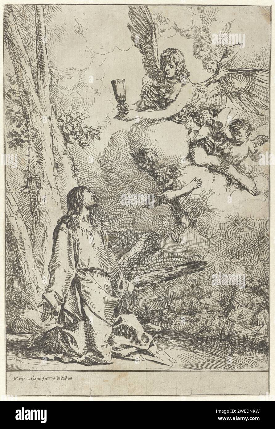 Christ dans la cour de Getsémani, Giulio Carpioni (I), 1621 - 1674 imprimer Christ prie Dieu dans la cour de Getsémani. Dans le ciel nuageux un ange avec une fausse couche. De plus petits putti flottent autour de l'ange. Imprimeur : Italypublisher : papier de Padoue mordant la prière du Christ dans le jardin de Gethsémani pendant la nuit. anges Banque D'Images