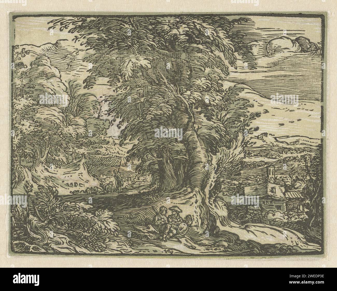 Paysage avec couple assis, Hendrick Goltzius, 1597 - 1600 print Paysage forestier ; au premier plan un homme et une femme assis sous un arbre. Cette estampe fait partie d'une série de quatre petites gravures sur bois avec des paysages. Paysages de papier de Haarlem dans la zone tempérée Banque D'Images