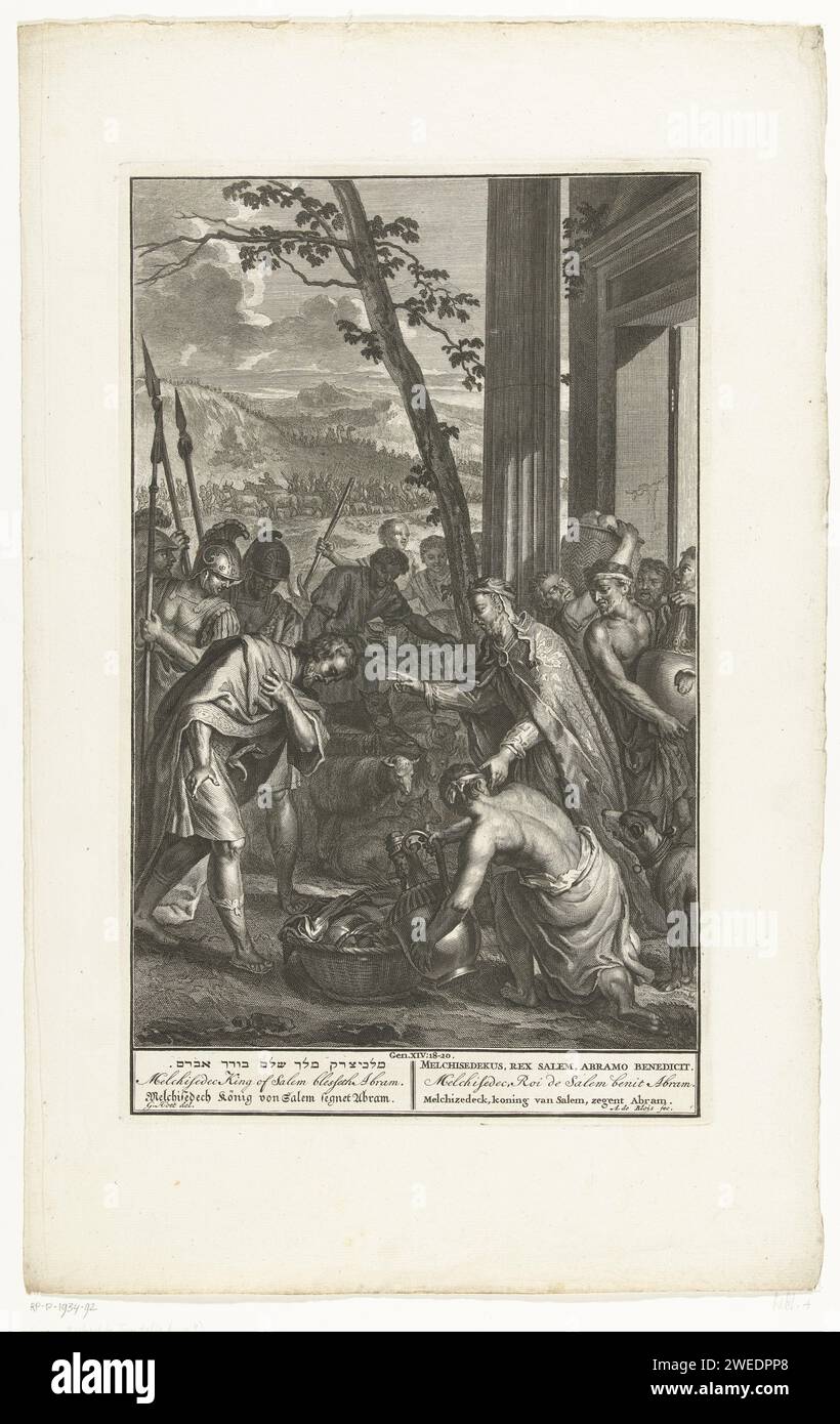 Melchizédek bénit Abraham à Salem, Abraham de Blois, d'après Gérard Hoet (I), 1720 - 1728 imprimer le roi et grand prêtre Melchizédek apporte du pain et du vin pour Abraham et ses hommes et le bénisse à Salem. Sous le spectacle se trouve le titre en six langues différentes. Imprimeur : Amsterdampublisher : la Haye gravure sur papier la rencontre d'Abraham et Melchizédek, le grand prêtre et roi de Salem, qui apporte pain et vin (Genèse 14:18-20) Banque D'Images