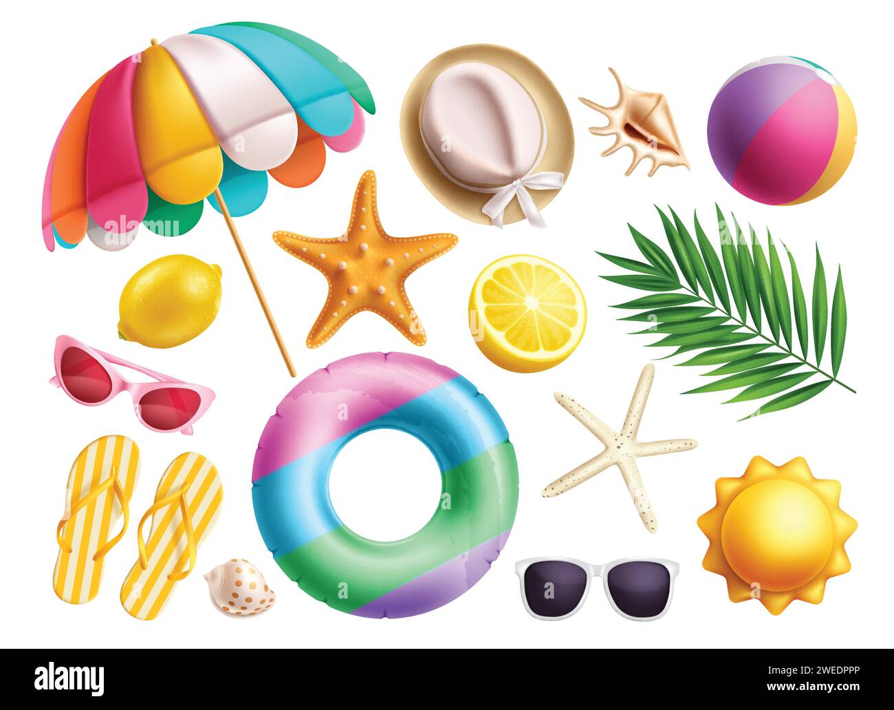 Conception d'ensemble vectoriel d'éléments d'été. Collection d'éléments de plage d'été comme parapluie, chapeau, ballon de plage, coquillages, flipflop et décoration de lunettes de soleil Illustration de Vecteur