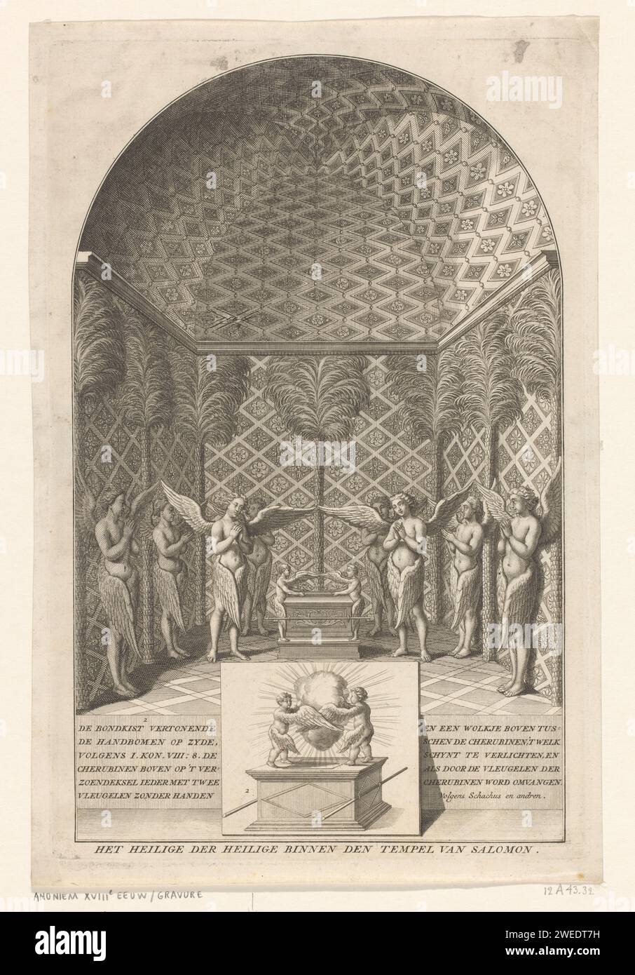 Arche de l'alliance dans tous les saints du temple de Salomon, Anonyme, 1727 estampe avec légende en néerlandais. L'arche de l'alliance est entourée d'anges. Temple de gravure sur papier néerlandais de Salomon (1 Rois 5-9, 2 chroniques 2-7). Arche de l'Alliance ailleurs (pas dans le Tabernacle) Jérusalem Banque D'Images