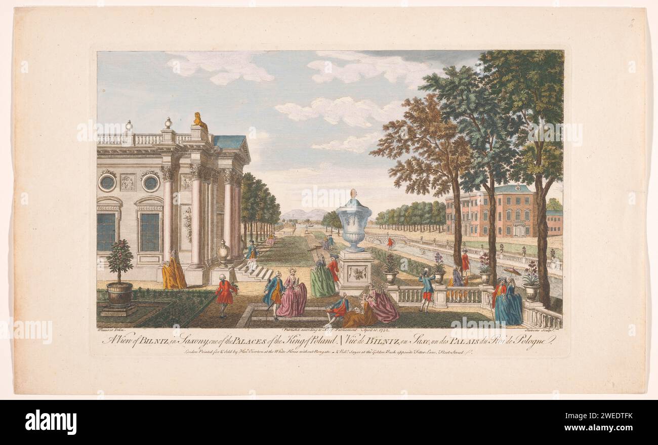 Vue du Schloss Pillnitz, Robert Sayer, d'après Meaurer, papier de Londres imprimé en 1752. aquarelle (peinture) gravure / brosse architecture civique ; édifices ; habitations. jardin Schloss Pillnitz Banque D'Images