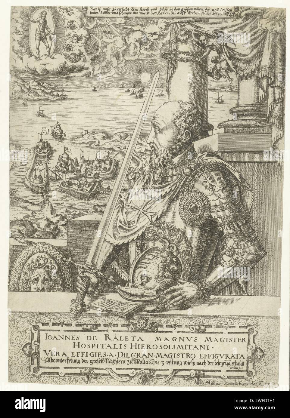 Portrait de Jean Parisot de la Valette, grand maître des Chevaliers Malthères, Mathis Zündt, 1566 imprimer ce portrait de Jean Parisot de la Valette rend hommage à ce grand maître des Chevaliers Malthères. Portrait en deux avec armure debout derrière une balustrade. Un ange tient une couronne de Laurier au-dessus de sa tête. En 1565, la Valette avait défendu Malte contre une attaque des Turcs. En 1566, il a immédiatement commencé la construction de renforts à Malte et ces activités ont été montrées sur l'impression. Le regard de la personne représentée est dirigé vers le ciel au-dessus du paysage où Christ apparaît comme Salvator Banque D'Images