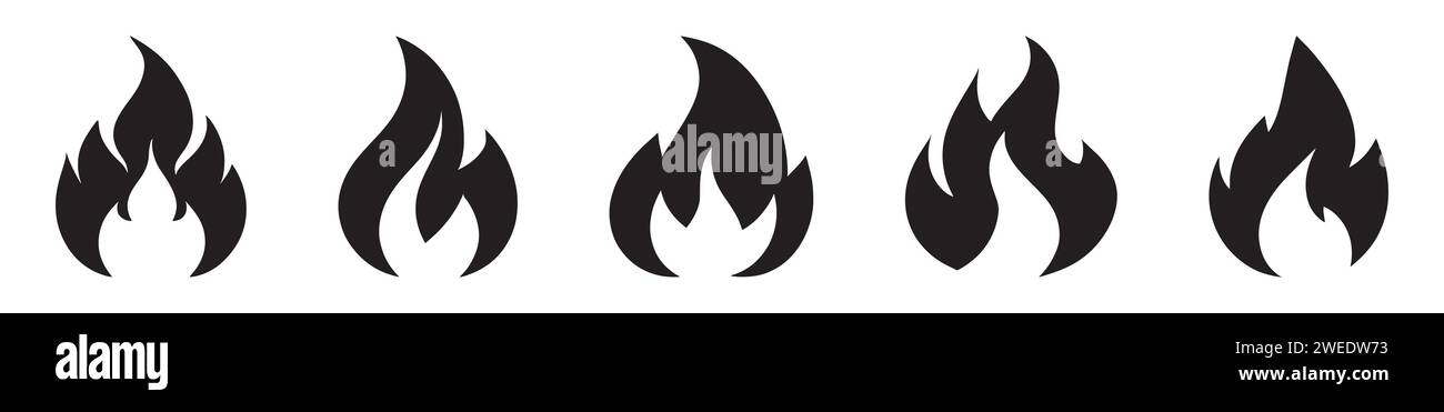 Un ensemble vectoriel d'icônes de feu représentées dans un style plat avec divers symboles de flamme, un logotype Bonfire Silhouette et une collection de symboles Illustration de Vecteur