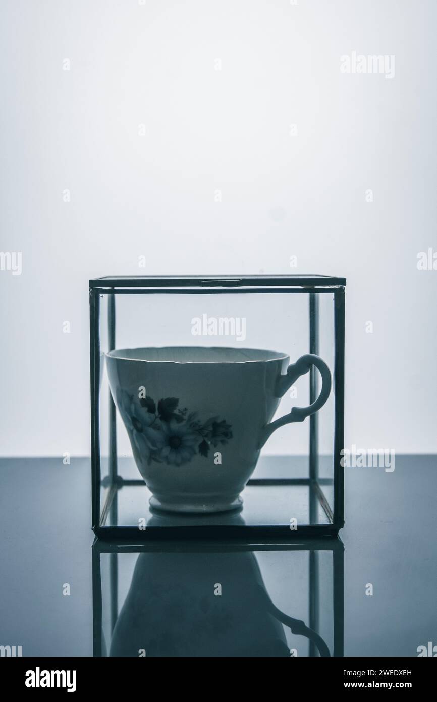 Tasse à thé à l'intérieur de la boîte en verre sur fond blanc Banque D'Images