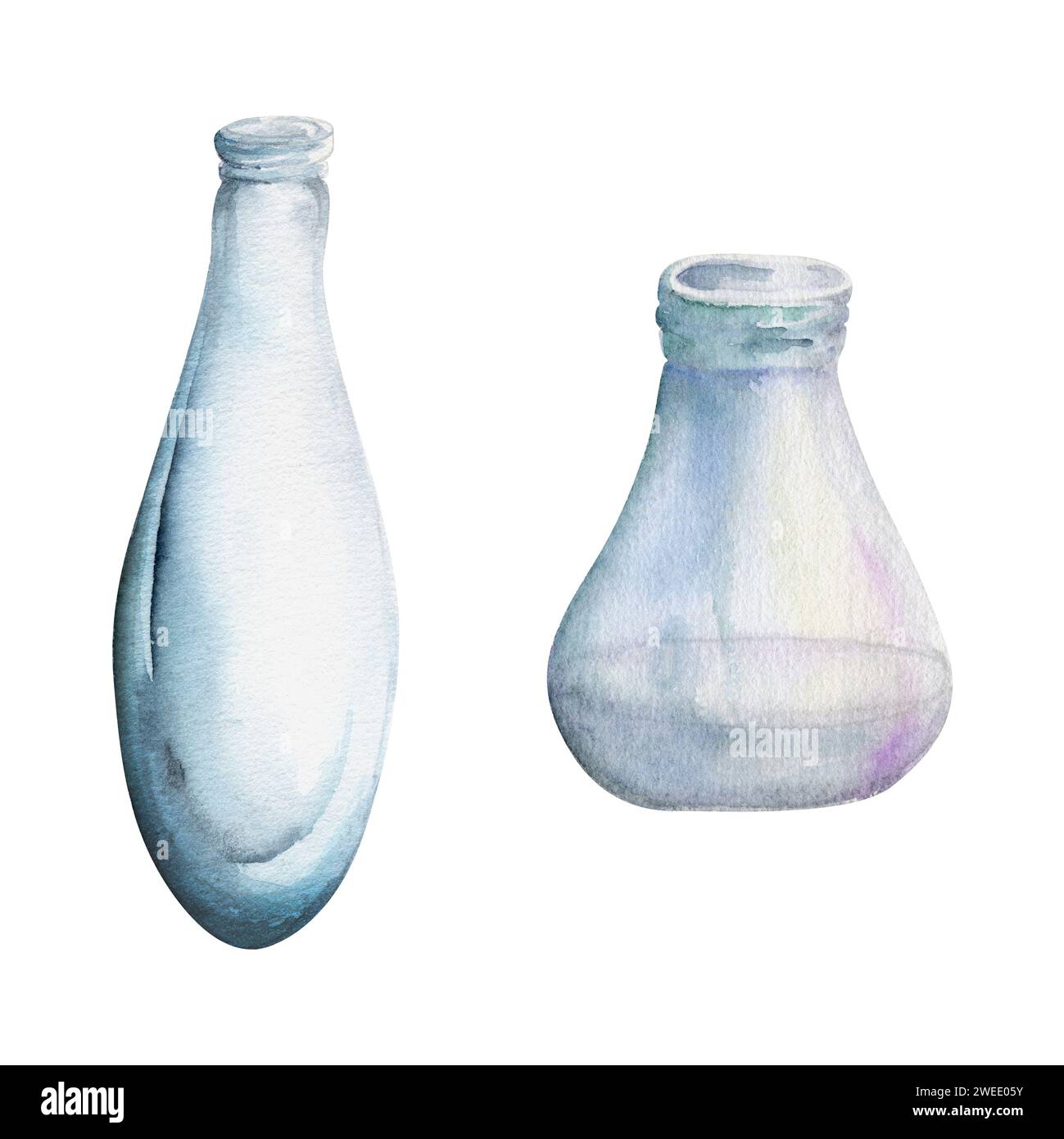 Illustration à l'aquarelle dessinée à la main des objets d'autel de sorcière de mer. Flacon en verre vide flacon flacon parfum flacon. Objet unique isolé sur fond blanc. Conception Banque D'Images