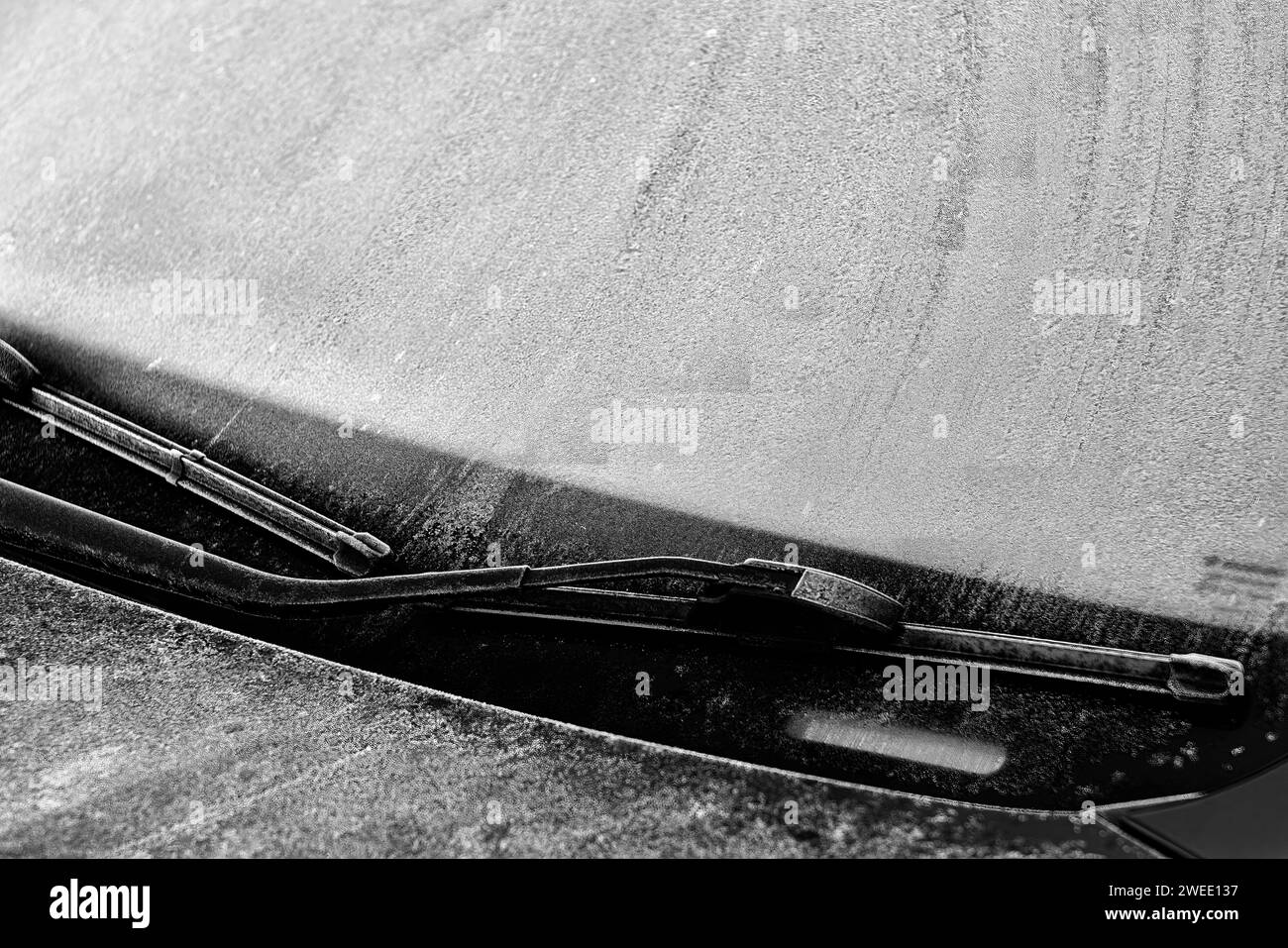 Givré, glacé, essuie-glace de voiture gelé sur le pare-brise en noir et blanc Banque D'Images Givré, glacé, essuie-glace de voiture gelé sur le pare-brise en noir et blanc Banque D'Images