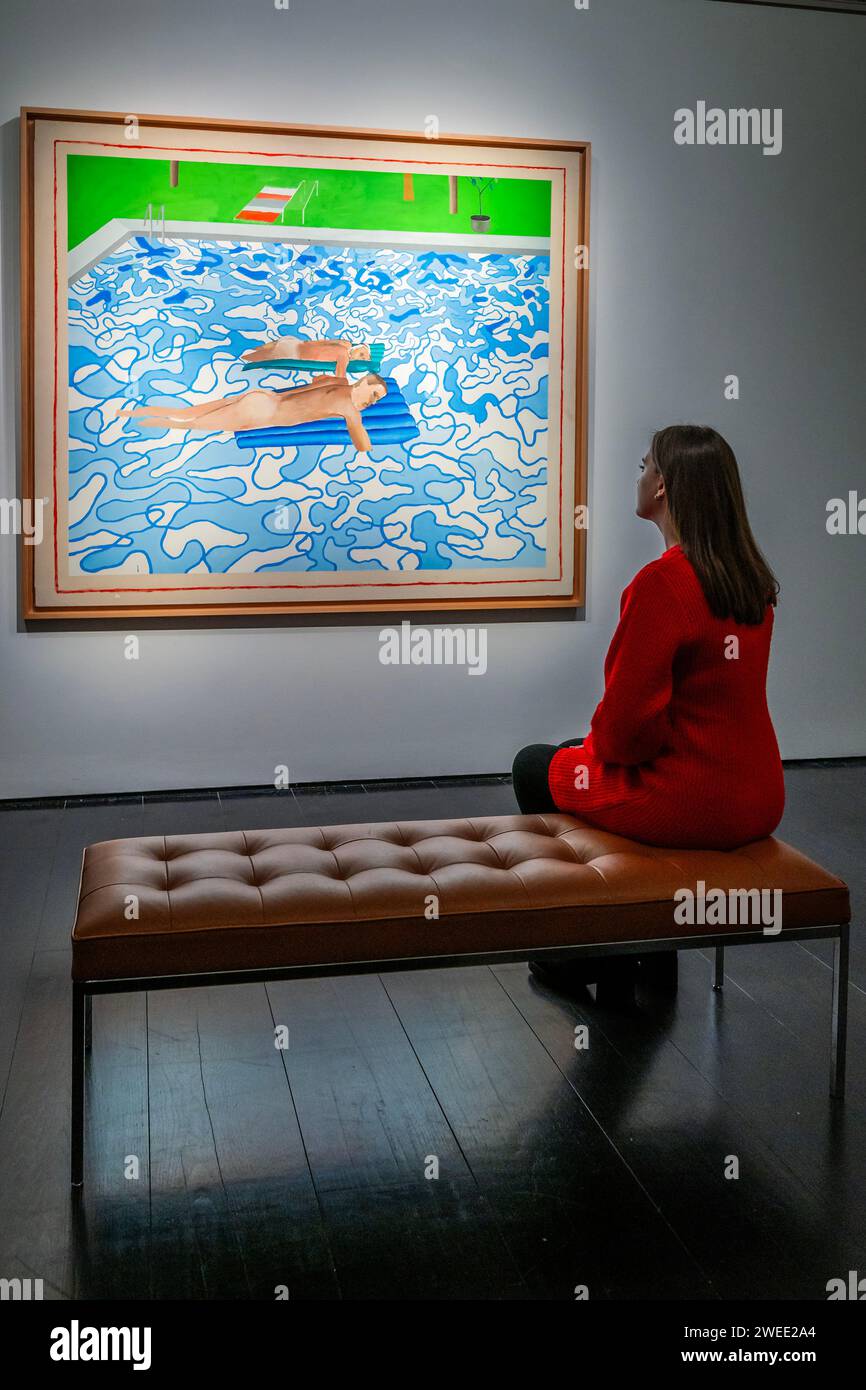 Londres, Royaume-Uni. 25 janvier 2024. Un aperçu de David Hockney, Californie, peint en 1965, estimation sur demande : de l'ordre de £16,000,000, chez Christies à Londres. La peinture est invisible en public depuis plus de 40 ans. À vendre lors de la vente du soir de Londres 20/21 le 7 mars. Crédit : Guy Bell/Alamy Live News Banque D'Images